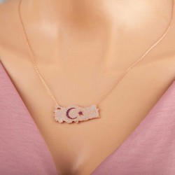 925 Ayar Gümüş Rose Ay Yıldız Türkiye Haritası Kadın Kolye 925 Ayar Gümüş Rose Ay Yıldız Türkiye Haritası Kadın Kolye