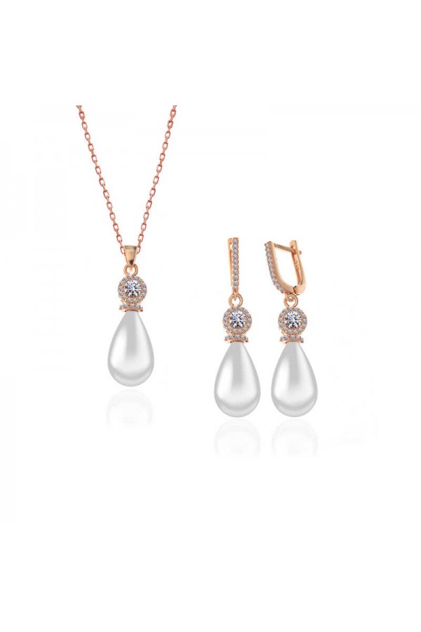 925 Ayar Gümüş Rose Damla İnci Kadın Set