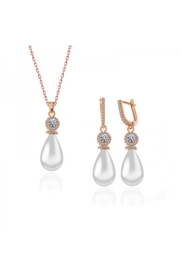 925 Ayar Gümüş Rose Damla İnci Kadın Set