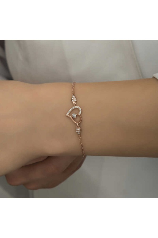 925 Ayar Gümüş Rose Kalpli Tektaş Kadın Bileklik