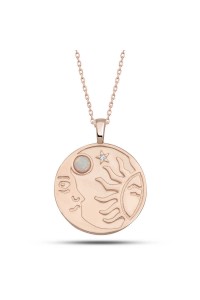 925 Ayar Gümüş Rose Opal Beyaz Taşlı Ay Güneş Kadın Kolye