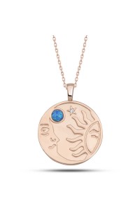 925 Ayar Gümüş Rose Opal Mavi Taşlı Ay Güneş Kadın Kolye 925 Ayar Gümüş Rose Opal Mavi Taşlı Ay Güneş Kadın Kolye