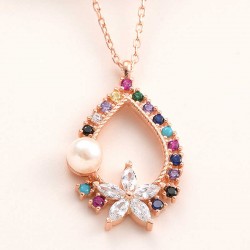 925 Ayar Gümüş Rose Renkli Taşlı Çiçekli Kadın Kolye 925 Ayar Gümüş Rose Renkli Taşlı Çiçekli Kadın Kolye