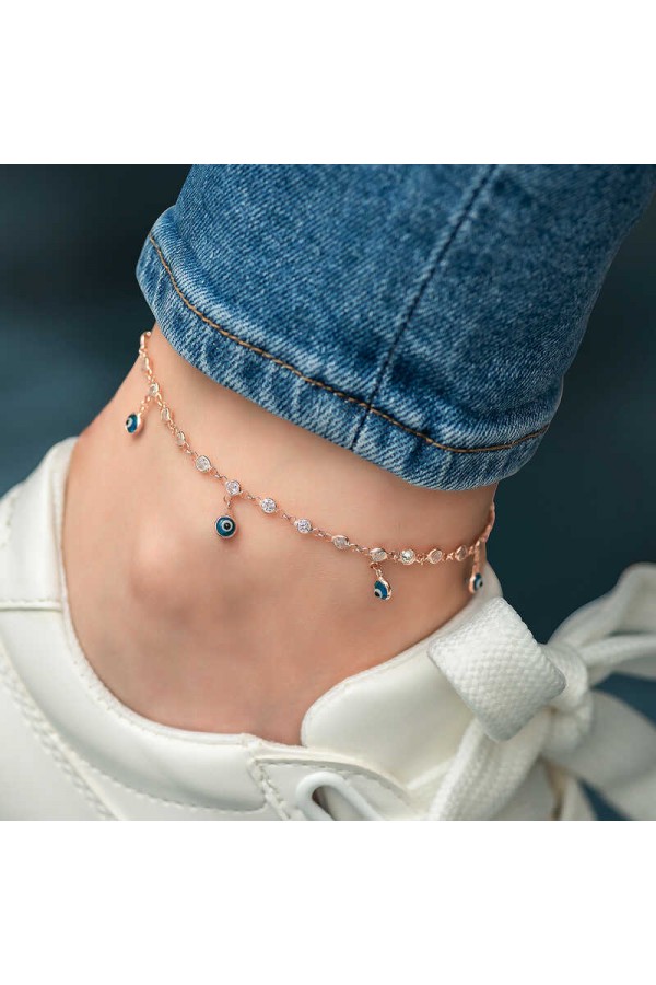 925 Ayar Gümüş Sıralı Zirkon Taşlı Nazarlı Rose Halhal 925 Ayar Gümüş Sıralı Zirkon Taşlı Nazarlı Rose Halhal