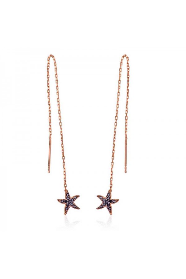 Gümüş Siyah Taşlı Deniz Yıldızı Zincirli Küpe