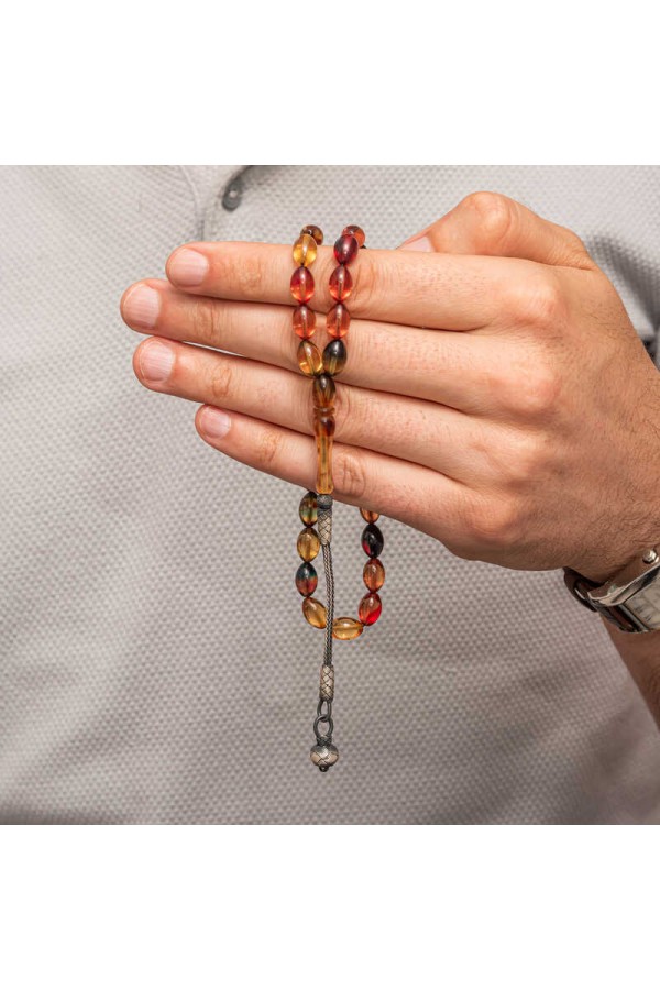 Gümüş Top Kazaz Püsküllü Sıkma Kehribar Tesbih