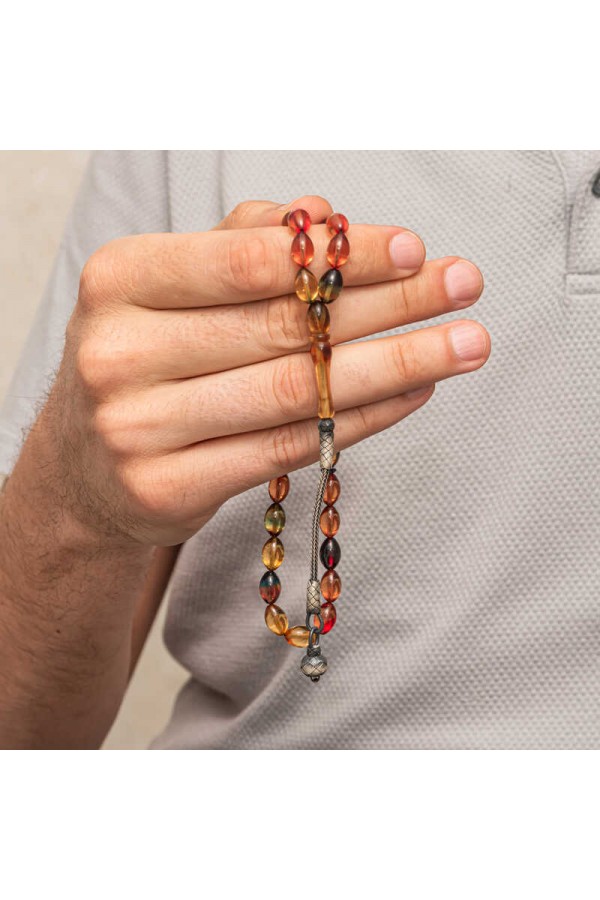 Gümüş Top Kazaz Püsküllü Sıkma Kehribar Tesbih