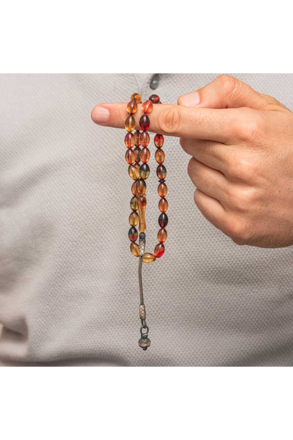 Gümüş Top Kazaz Püsküllü Sıkma Kehribar Tesbih