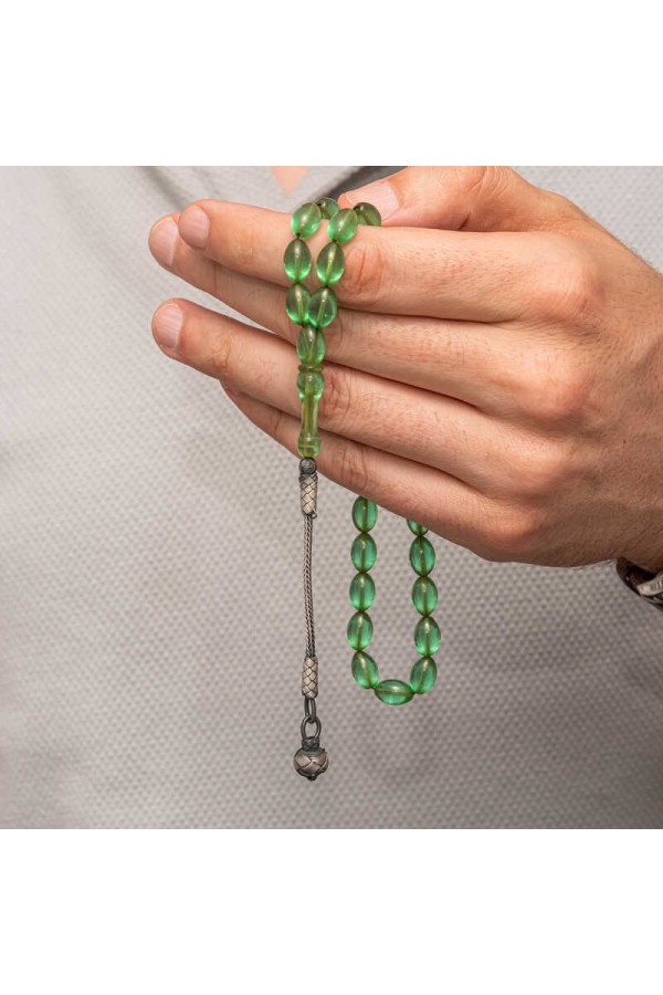 Gümüş Top Kazaz Püsküllü Yeşil Sıkma Kehribar Tesbih