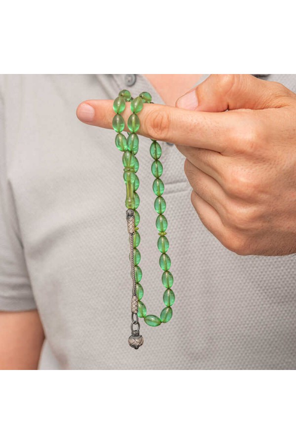 Gümüş Top Kazaz Püsküllü Yeşil Sıkma Kehribar Tesbih