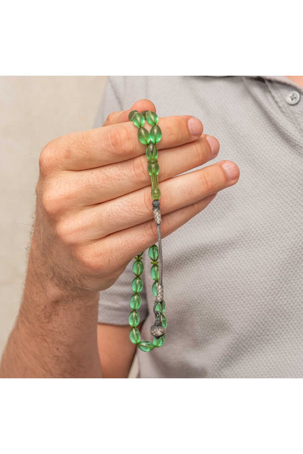 Gümüş Top Kazaz Püsküllü Yeşil Sıkma Kehribar Tesbih