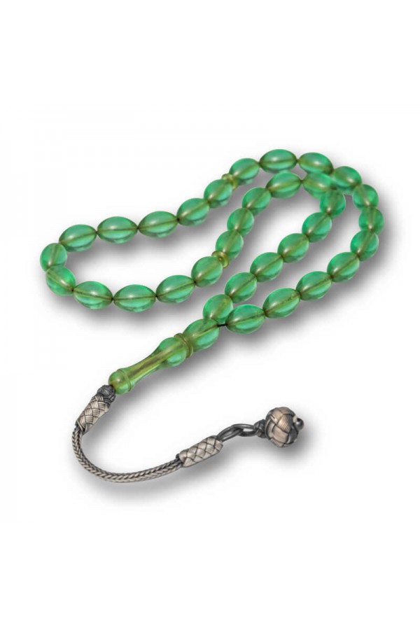 Gümüş Top Kazaz Püsküllü Yeşil Sıkma Kehribar Tesbih