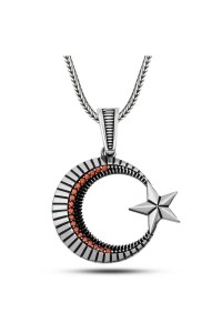 Gümüş Zirkon Taşlı Ay Yıldız Erkek Kolye