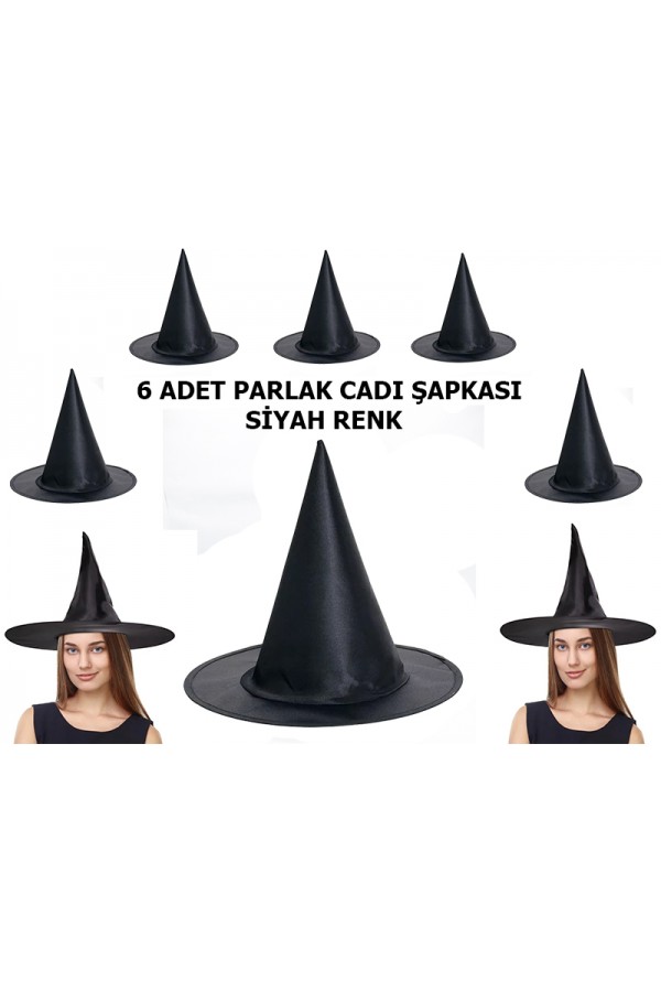 Halloween Siyah Renk Parlak Cadı Şapkası Yetişkin ve Çocuk Uyumlu 6 Adet
