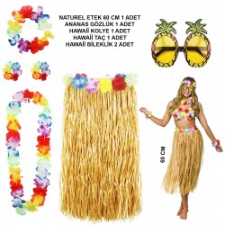 Hawaii Parti Kostüm Seti - 60 cm Hasır Etek, Çiçekli Aksesuarlar ve Ananas Gözlük Hawaii Parti Kostüm Seti - 60 cm Hasır Etek, Çiçekli Aksesuarlar ve Ananas Gözlük