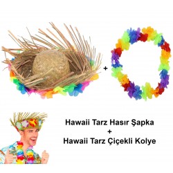 Hawaii Tarzı Tropikal Çiçekli Hasır Şapka ve Çiçekli Hawaii Kolye Hawaii Tarzı Tropikal Çiçekli Hasır Şapka ve Çiçekli Hawaii Kolye
