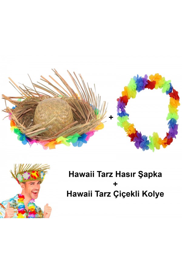 Hawaii Tarzı Tropikal Çiçekli Hasır Şapka ve Çiçekli Hawaii Kolye