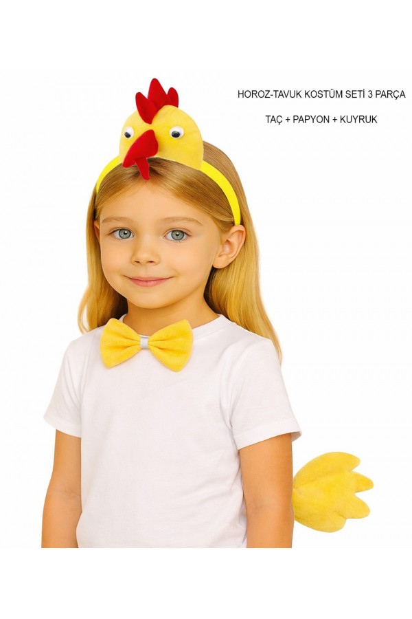 Horoz – Tavuk Kostüm Aksesuar Seti - Taç Papyon Kuyruk