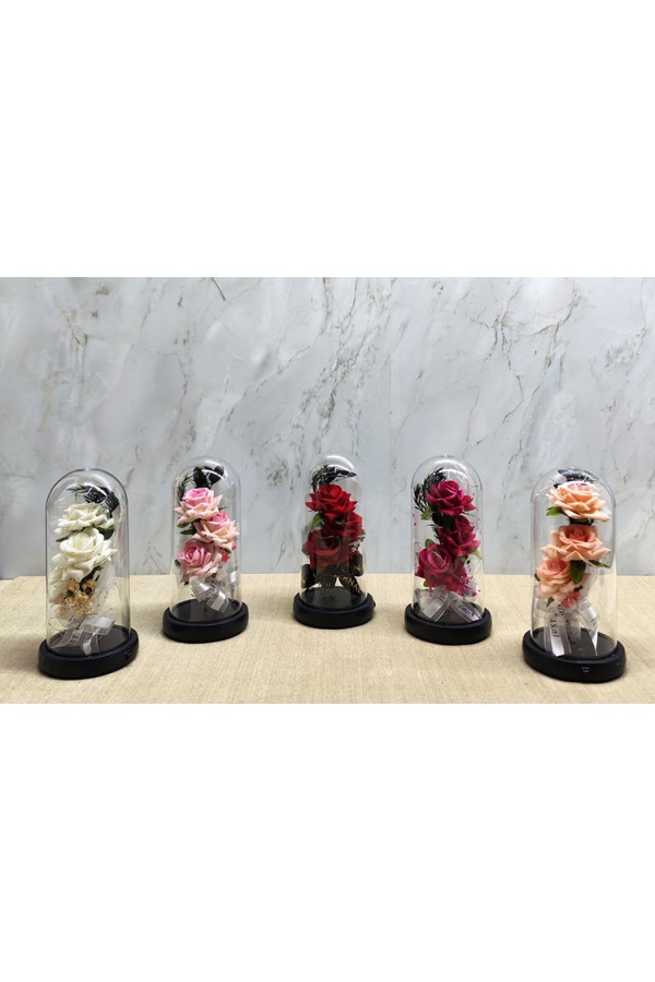 Işıklı Müzikli Cam Fanus İçinde Romantik Gül