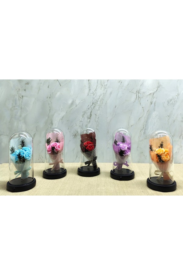 Işıklı Müzikli Fanus içinde Gül Buketi