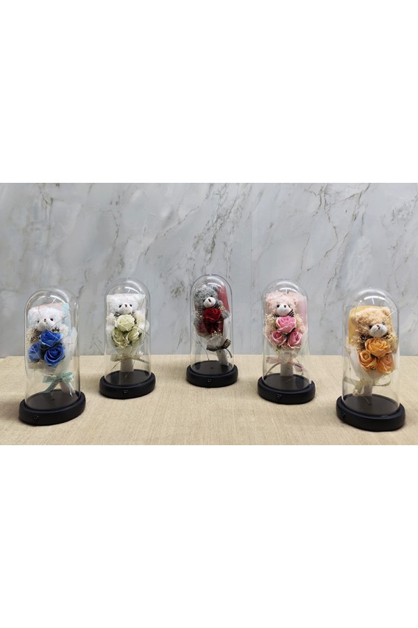 Işıklı Müzikli Fanus içinde Sevimli Ayıcıklı Gül Buketi