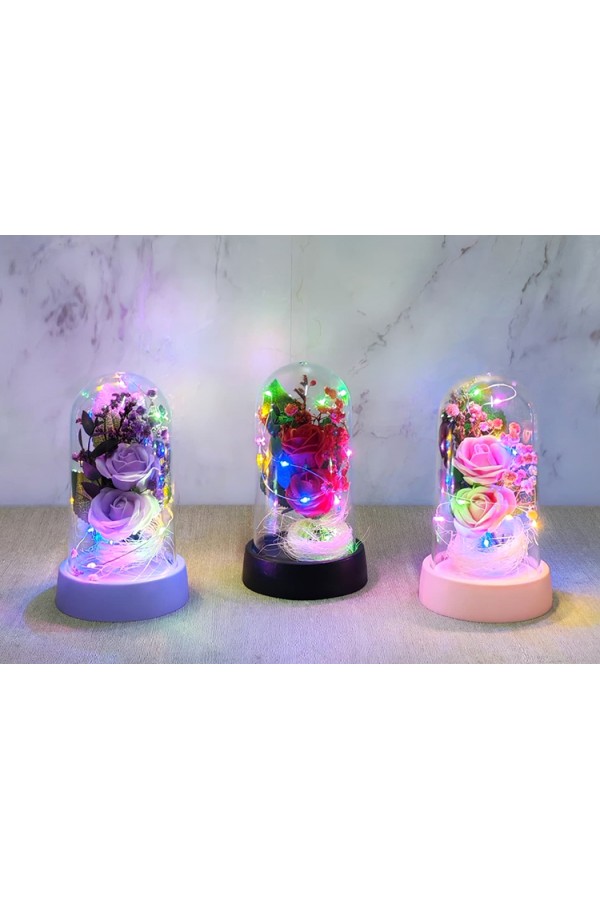 Işıklı Müzikli Romantik Fanus Tekli Gül