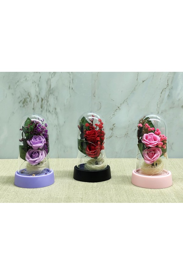 Işıklı Müzikli Romantik Fanus Tekli Gül