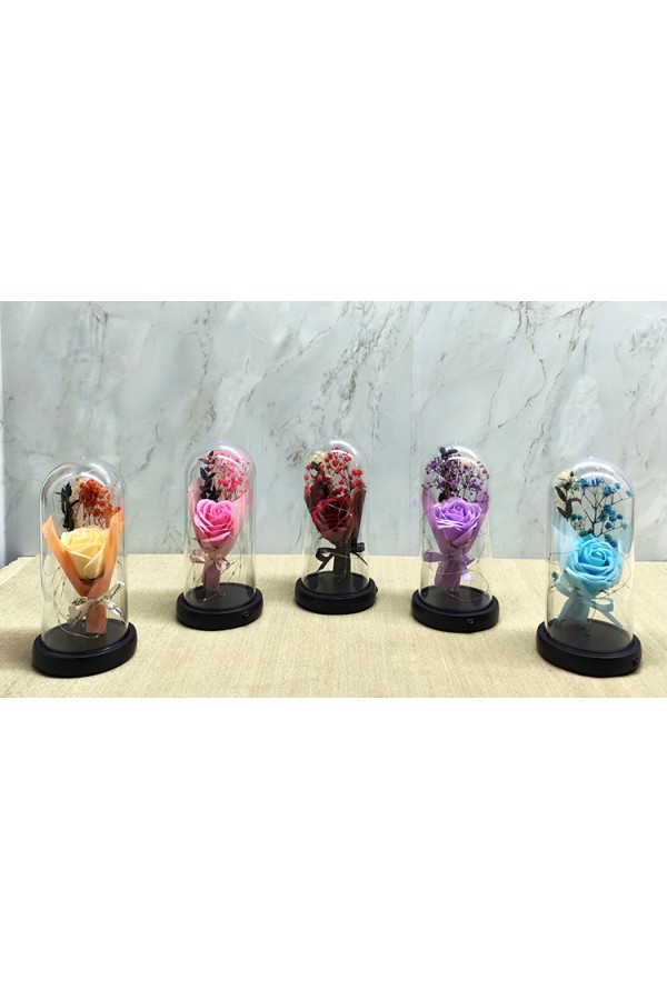Işıklı  Müzkli Dekoratif Cam Fanus İçinde Gül