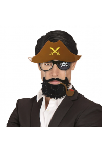 Kahve Renk Şapkalı Siyah Sakallı Pipolu Denizci Korsan Gözlüğü 24x25 cm