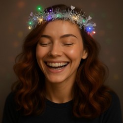 Kalp Püsküllü Gece Parıltısı 3 Modlu LED Işıklı Taç Gümüş Renk