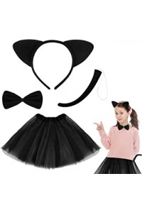 Kedi Eteği Tacı Kuyruğu ve Papyon Seti Siyah Renk Çocuk Boy