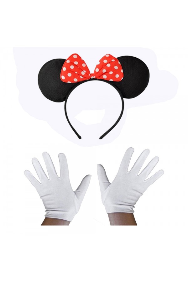 Parti Kırmızı Fiyonklu Minnie Mouse Tacı ve Beyaz Eldiven Seti