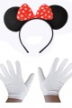 Parti Kırmızı Fiyonklu Minnie Mouse Tacı ve Beyaz Eldiven Seti