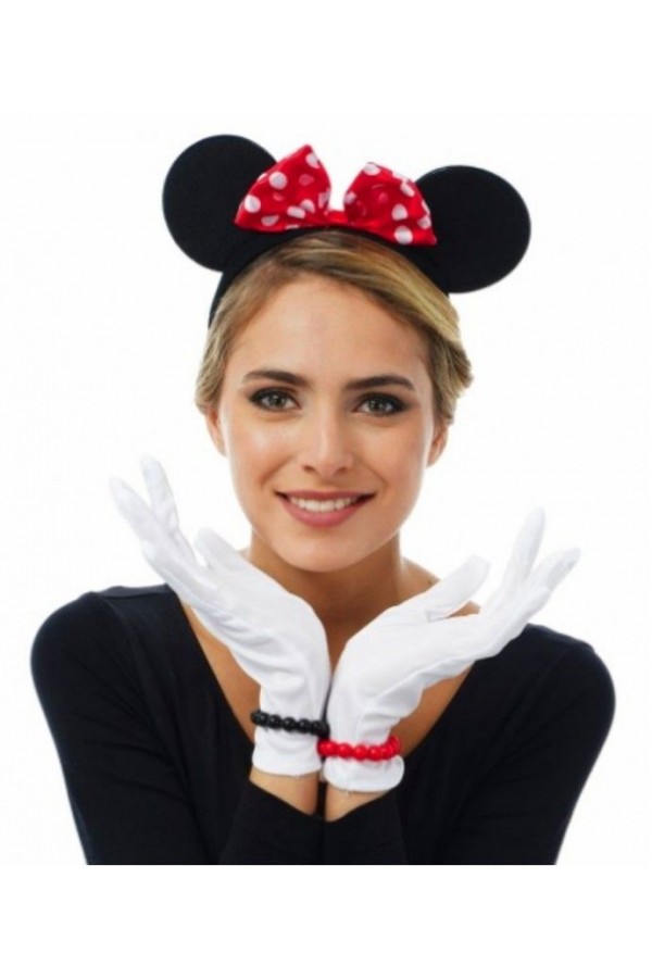 Parti Kırmızı Fiyonklu Minnie Mouse Tacı ve Beyaz Eldiven Seti