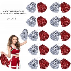 Kırmızı Gümüş Metalik Dolgun Gösteri Ponponu 20 Adet (10 Çift)