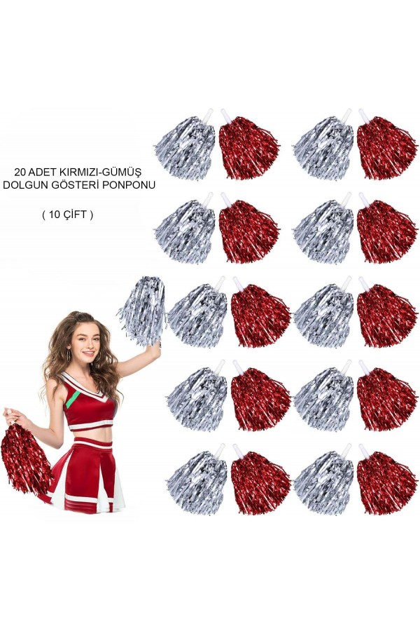 Kırmızı Gümüş Metalik Dolgun Gösteri Ponponu 20 Adet (10 Çift)