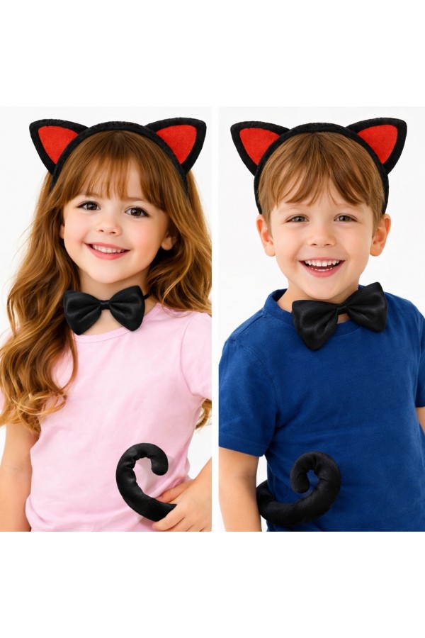Kırmızı Kulaklı Kedi Kostüm Seti – Taç Papyon Kuyruk 3 Parça