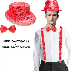 Kırmızı Payetli Şapka ve Papyon Seti – Parıltılı Yetişkin Kostüm Seti Kırmızı Payetli Şapka ve Papyon Seti – Parıltılı Yetişkin Kostüm Seti