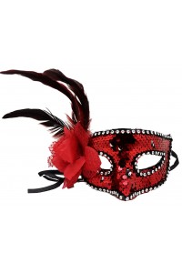 Kırmızı Renk Yandan Tüylü Güllü Gümüş Taşlı Pullu Maske 20x22 cm Kırmızı Renk Yandan Tüylü Güllü Gümüş Taşlı Pullu Maske 20x22 cm