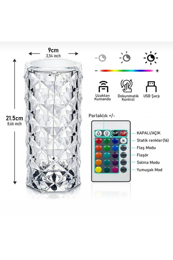 Kristal Elmas Led Dokunmatik Şarjlı Kumandalı Masa Lambası RGB