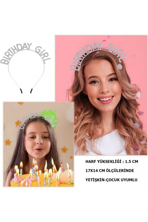 Kristal Taşlı Gümüş Birthday Girl Yazılı Doğum Günü Parti Tacı 19x11 cm