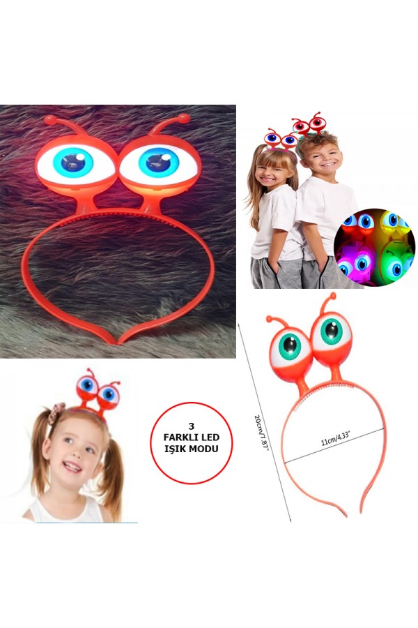 Led Işıklı Pilli 3 Farklı Modda Yanan Uzaylı Göz Parti Tacı Kırmızı Renk 18x12 cm