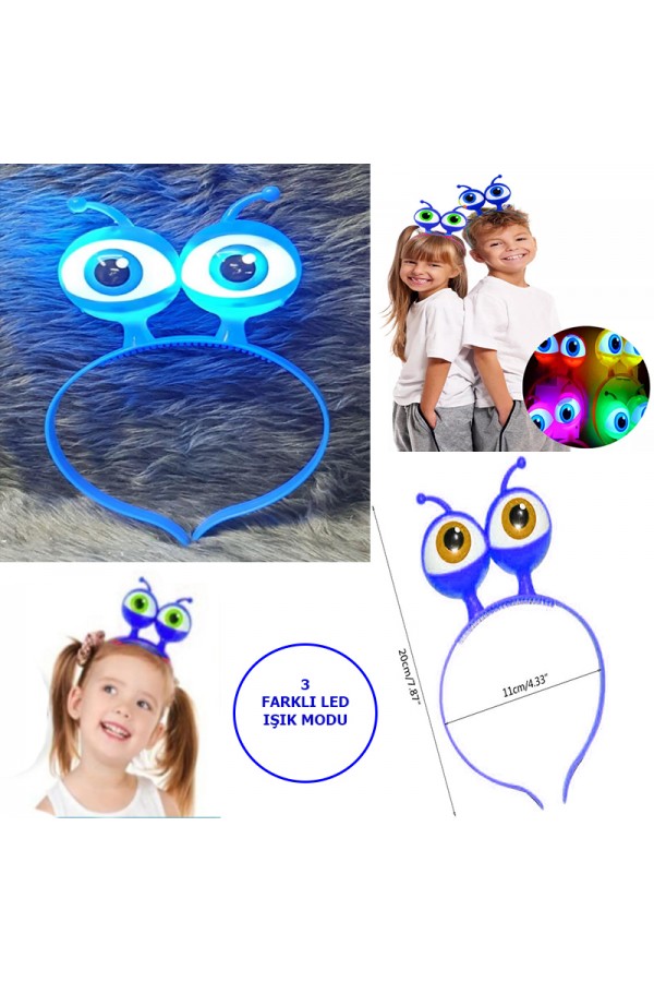 Led Işıklı Pilli 3 Farklı Modda Yanan Uzaylı Göz Parti Tacı Mavi Renk 18x12 cm