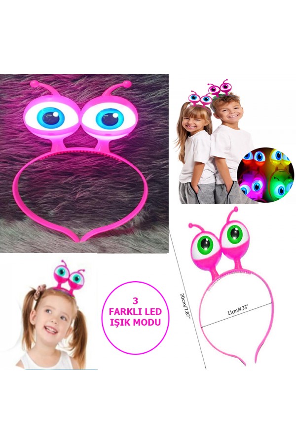 Led Işıklı Pilli 3 Farklı Modda Yanan Uzaylı Göz Parti Tacı Pembe Renk 18x12 cm