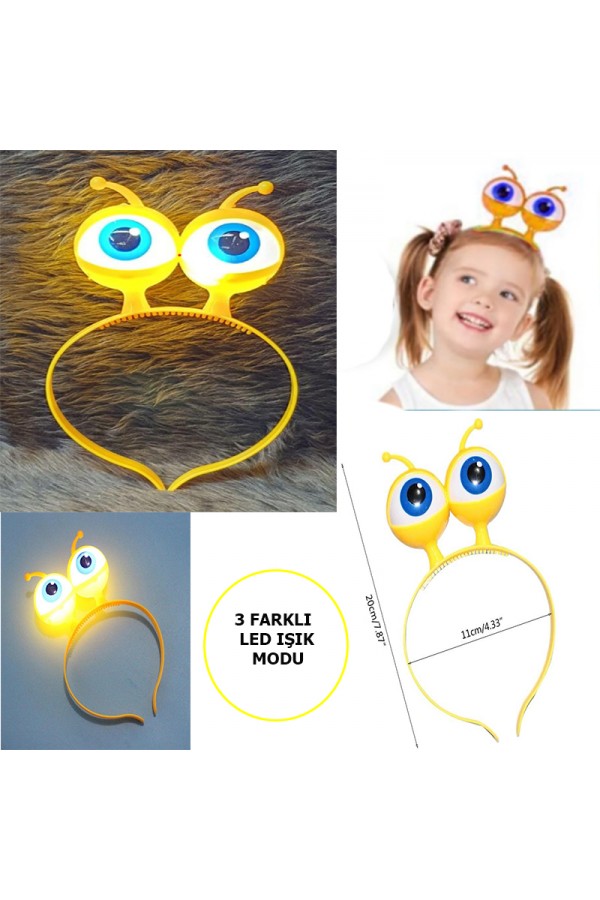 Led Işıklı Pilli 3 Farklı Modda Yanan Uzaylı Göz Parti Tacı Sarı Renk 18x12 cm