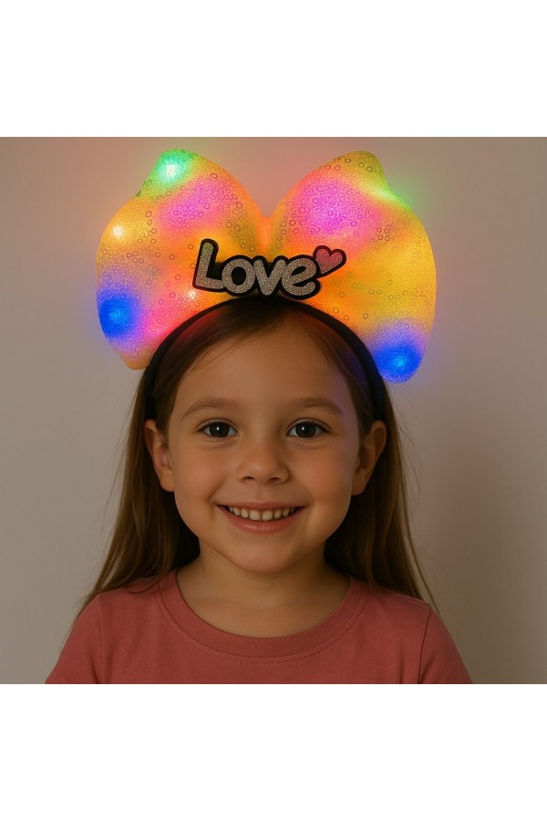 LED Işıklı Love Yazılı Sarı Fiyonk Taç – Kız Çocuk Parti Tacı