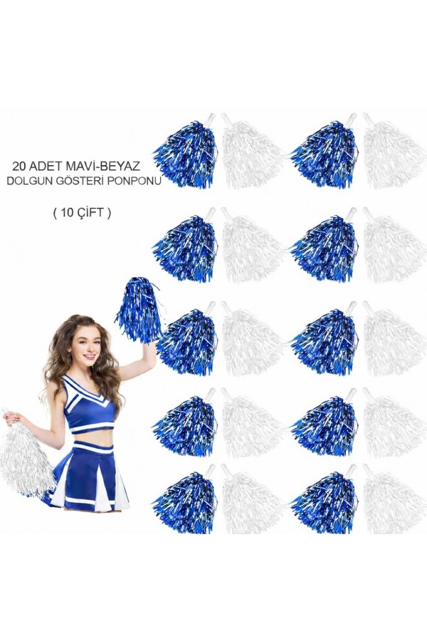 Mavi Beyaz Metalik Dolgun Gösteri Ponponu 20 Adet (10 Çift)
