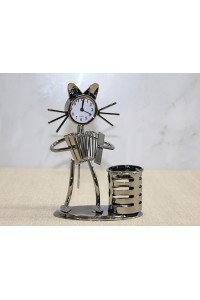 Metal Akordiyon Çalan Kedi Müzisyen Saat Ve Kalemlik