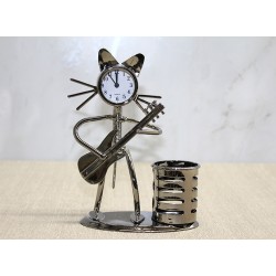 Metal Gitar Çalan Kedi Müzisyen Saat Ve Kalemlik