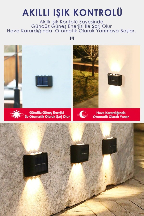 6ledli  Solar Duvar Lambası Aplik Güneş Enerji Gün Işığı 2 Li Set